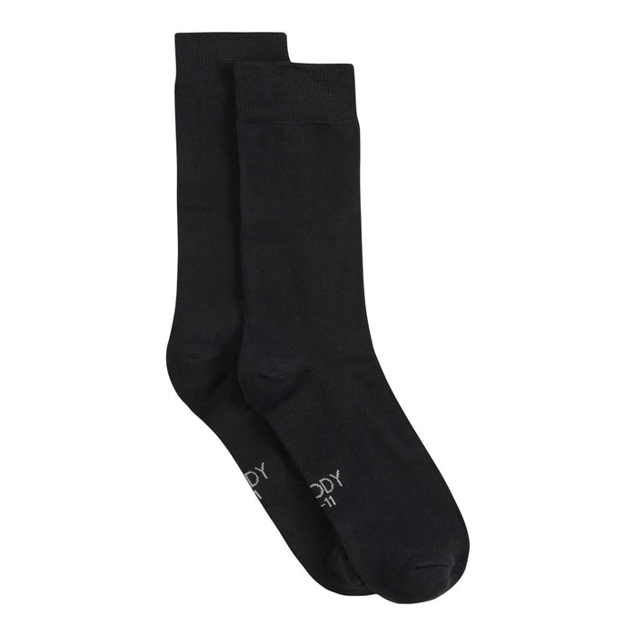 Two black bamboo crew socks on a white background.