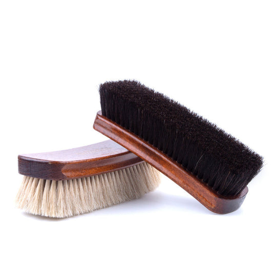 Two Extra-Large Wellington horsehair shoe polishing brushes on a white background from KirbyAllison.com.