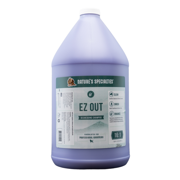 Large 128 oz bottle of Nature's Specialties EZ Out Deshedding Shampoo for dogs and cats.
