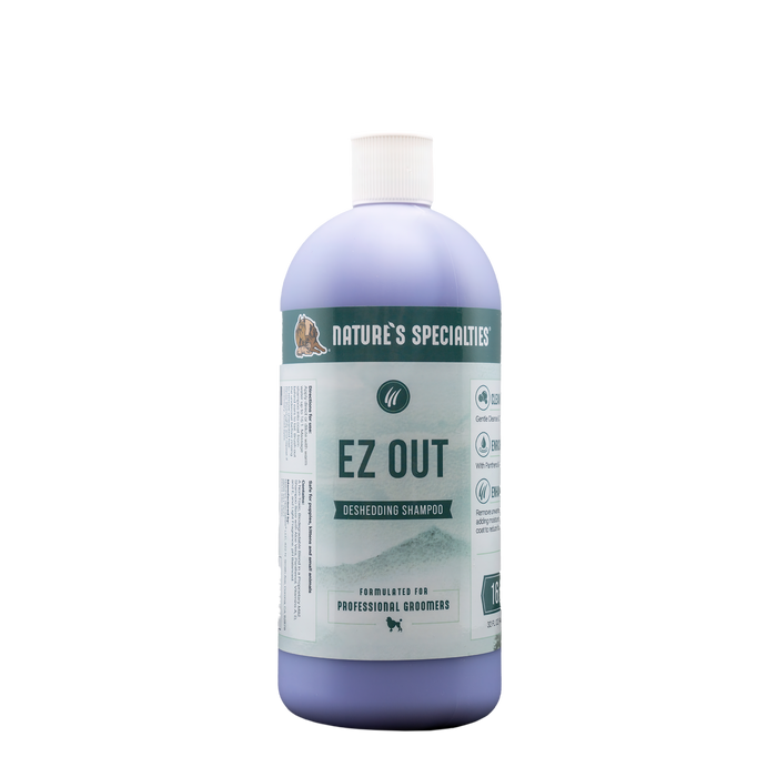 32 oz bottle of Nature's Specialties EZ Out Deshedding Shampoo for groomers.