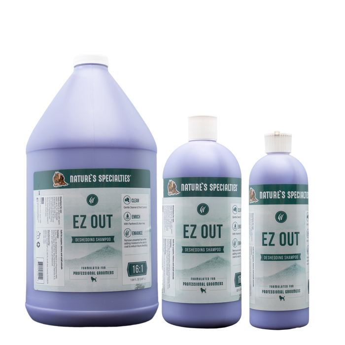128 oz, 32 oz, and 16 oz bottles of EZ Out Deshedding Shampoo for dogs and cats.