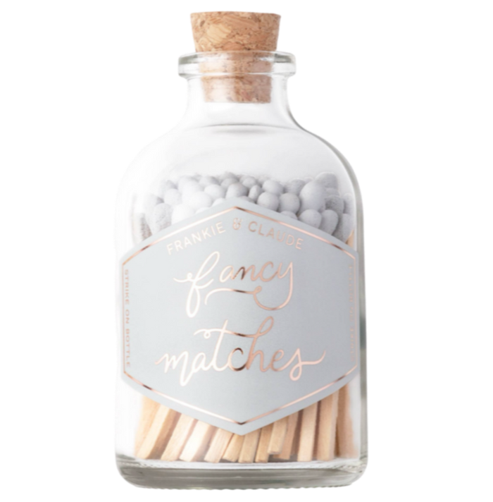 fancy matches, fog light gray match jar, custom colored matches, corked glass jar, match-striker, decorative match jar, luxury matches, home decor, gold foil label, match jar with striker, unique match jar, hand-filled matches, gift idea, home accent
