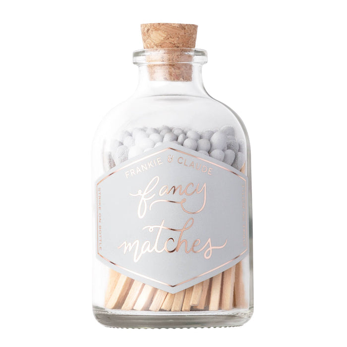 fancy matches, fog light gray match jar, custom colored matches, corked glass jar, match-striker, decorative match jar, luxury matches, home decor, gold foil label, match jar with striker, unique match jar,