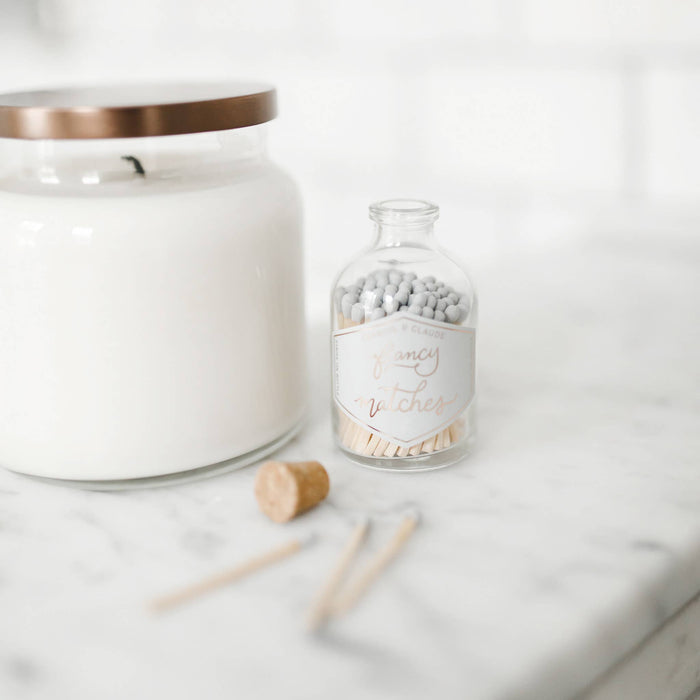 fancy matches, fog light gray match jar, custom colored matches, corked glass jar, match-striker, decorative match jar, luxury matches, home decor, gold foil label, match jar with striker, unique match jar,