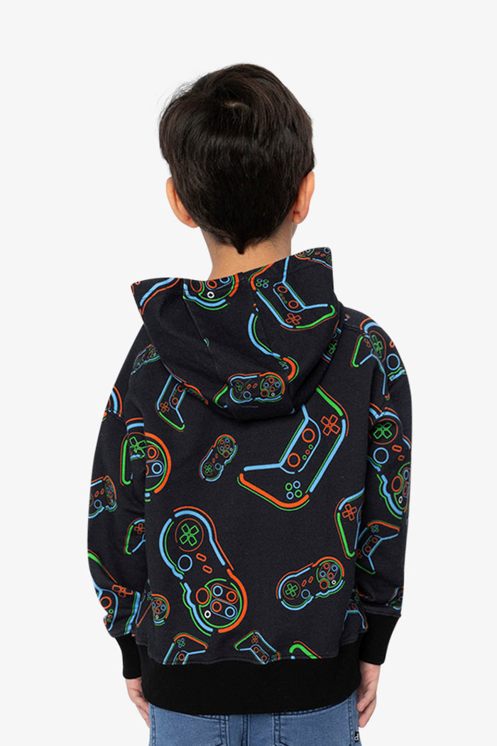 Fleece Hooded Sweatshirt Black Printed Controller-3