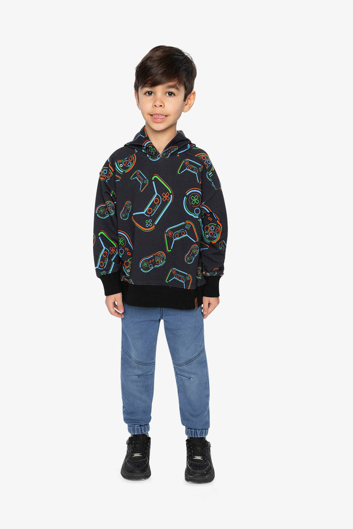 Fleece Hooded Sweatshirt Black Printed Controller-4