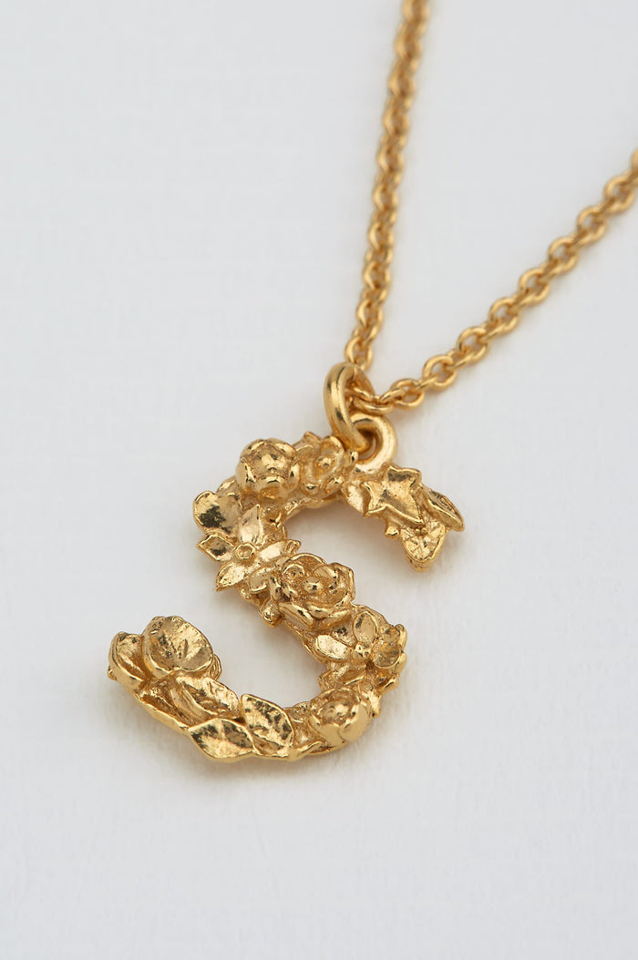 Floral Letter S Necklace Gold Plate