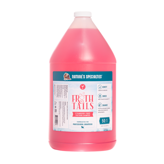 128 oz. bottle of Nature's Specialties pink Froth Tails Strawberry Frosé cat and dog shampoo.