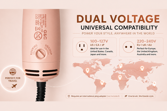 A pink dual-voltage hair dryer shown on a beige promotional background with text highlighting universal compatibility for 100-127V US/CA/JP and 220-240V EU/UK/EU, plus a world map graphic. Mini Blowout Brush Dual Voltage Travel small Dryer Brush G&C – professional hair tool by Gold Class G&C