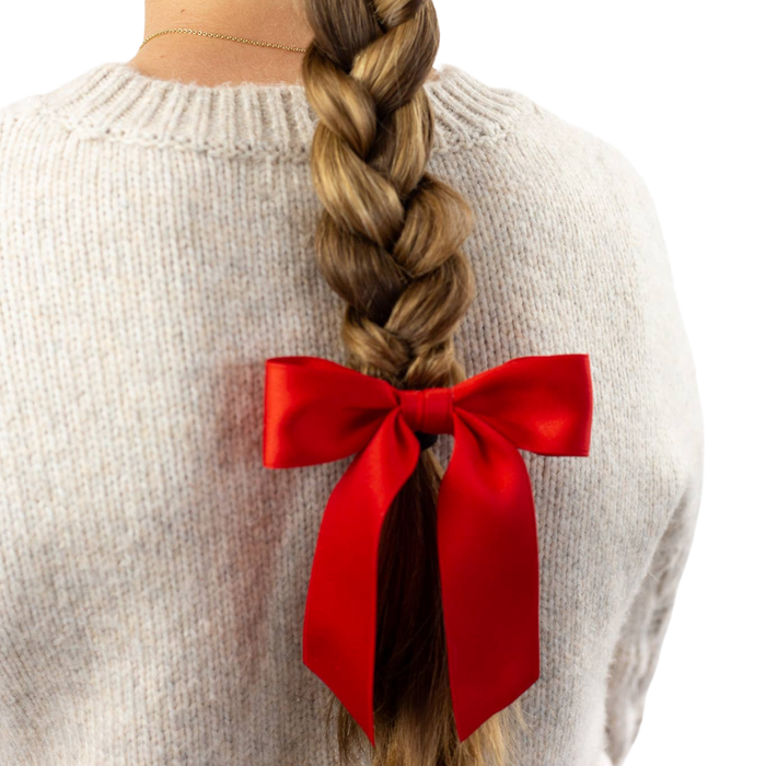 red satin bow barrette, matte red hair bow, Grace & Grandeur bow, holiday hair accessory, girls red barrette, classic satin bow, French clip hair bow, red bow for women and kids, handmade satin bow, GGBC Delora red bow