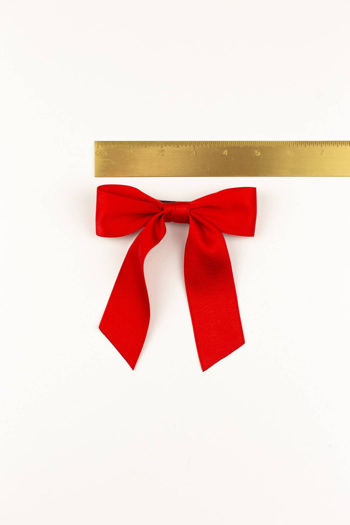 red satin bow barrette, matte red hair bow, Grace & Grandeur bow, holiday hair accessory, girls red barrette, classic satin bow, French clip hair bow, red bow for women and kids, handmade satin bow, GGBC Delora red bow