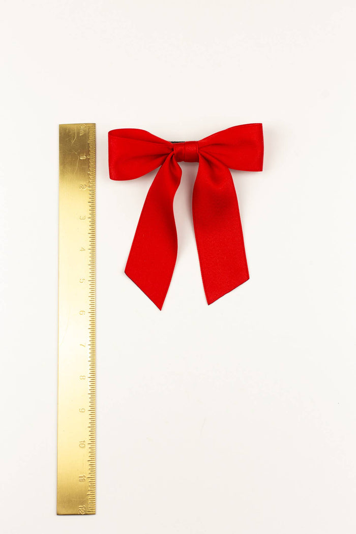 red satin bow barrette, matte red hair bow, Grace & Grandeur bow, holiday hair accessory, girls red barrette, classic satin bow, French clip hair bow, red bow for women and kids, handmade satin bow, GGBC Delora red bow