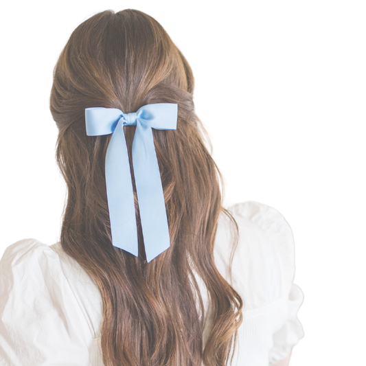 Grace & Grandeur bow, chambray satin hair bow, French barrette bow clip, grandmillennial hair accessory, handmade satin bow, classic blue ribbon bow, elegant hair bow clip, versatile hair accessory, chambray ribbon barrette, Florence hair bow USA made