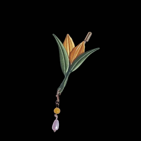 Handmade Chanhua Corn Brooch - Yellow Bud with Pearl Drop