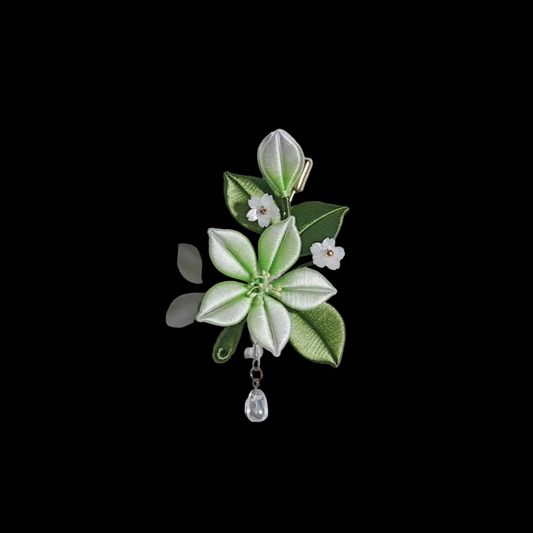 Handmade Chanhua Jasmine Brooch & Hairpin - Green & White with Crystal Drop