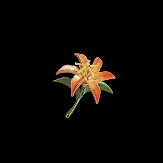 Handmade Chanhua Lily Brooch - Orange Flower & Green Leaves