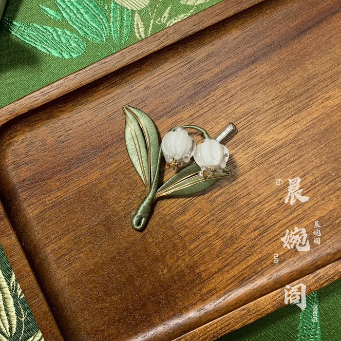 Handmade Chanhua Lily of the Valley Brooch - Thread Flower Pin with Glass Bells