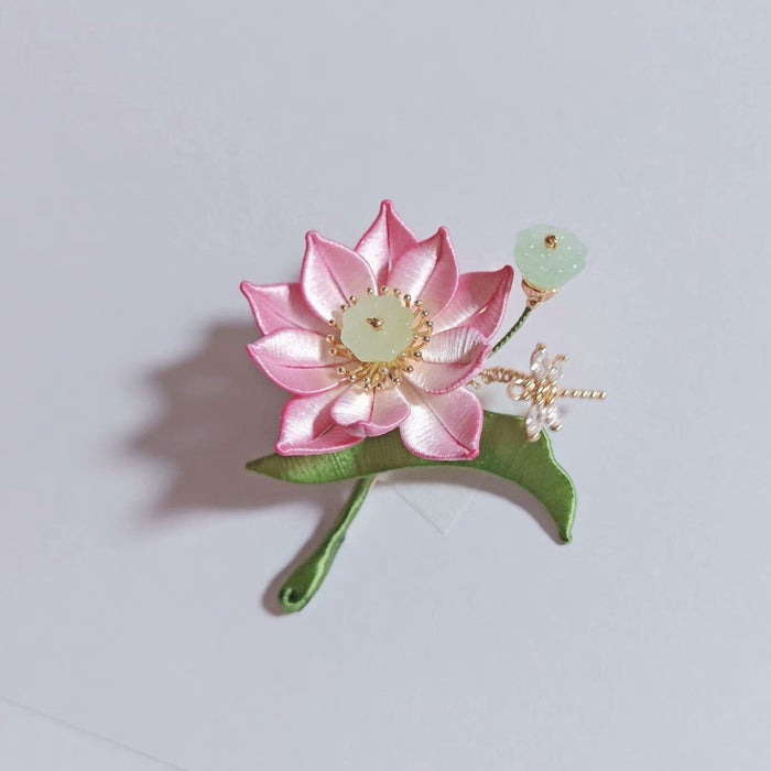 Handmade Chanhua Lotus Brooch - Pink Flower with Jade Bud & Dragonfly