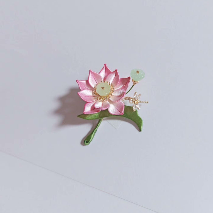 Handmade Chanhua Lotus Brooch - Pink Flower with Jade Bud & Dragonfly