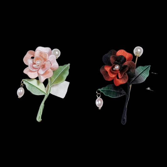 Handmade Chanhua Mini Rose Brooch - Pearl Drop on Stem