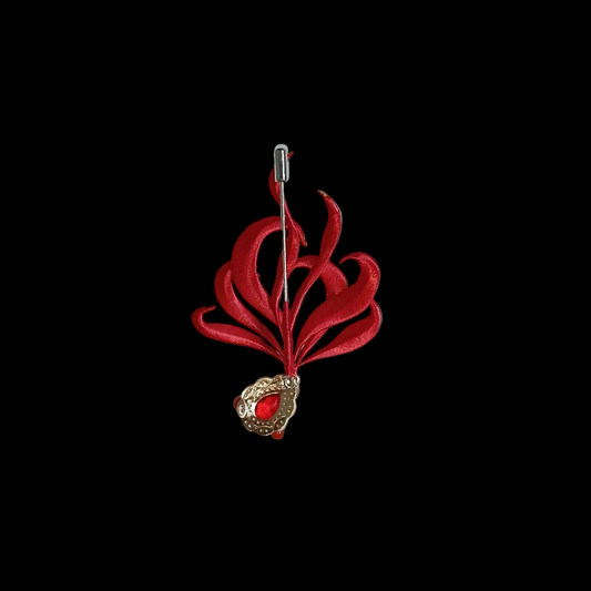Handcrafted Chanhua thread-wrapped brooch in a vibrant red goldfish design, featuring flowing fins and a gold-tone accent with a red gemstone.
