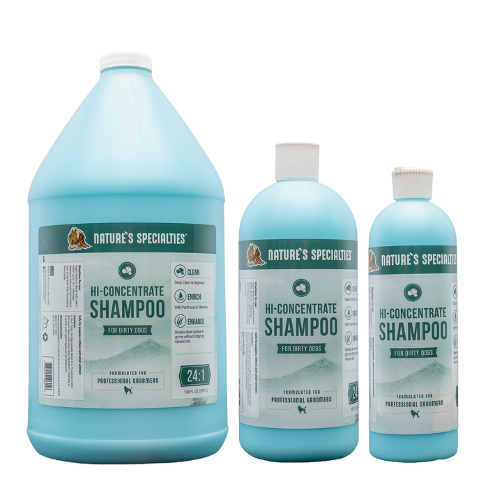 128oz, 32oz, and 16oz sized bottles of blue High Concentrate Shampoo for dirty dogs & cats.