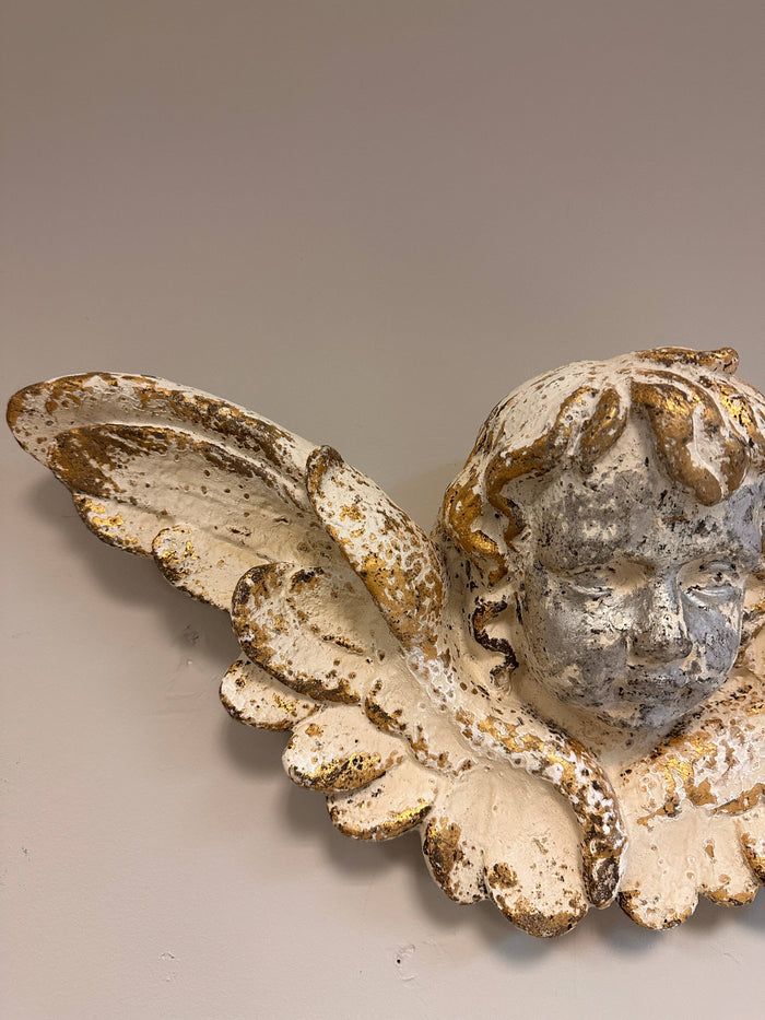 gold angel wall decor, indoor outdoor decorative angel, weather resistant garden wall art, angel sculpture for patio, gold metal wall decor, durable outdoor angel decoration, angel wall hanging for garden, timeless gold wall ornament, elegant angel statue, French country wall accent