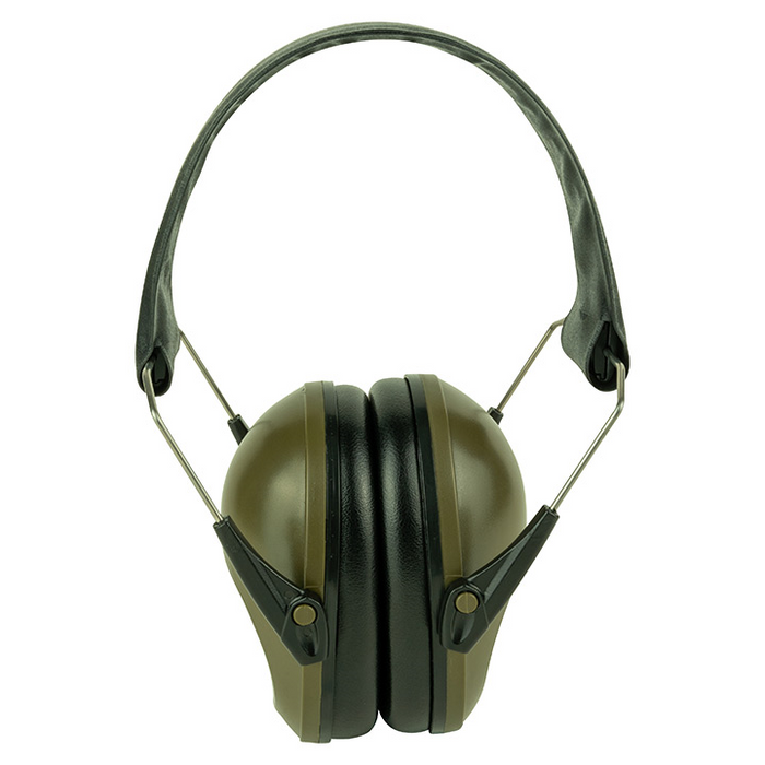 Pair of green and black ear protectors on a white background