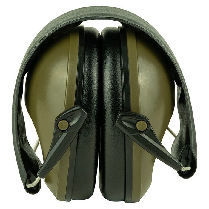 Pair of green ear protectors on a white background