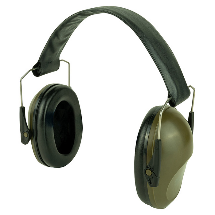 Pair of green ear protectors on a white background