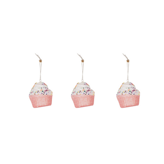 Kersthangers -  Cupcakes met Discobal Dip -  Set van 3 -  Roze/Wit -  8x4x7cm