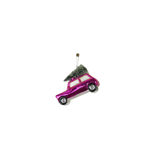 Kerstversiering -  Kersthanger - Roze auto met Kerstboom - Glas - 10x5x7cm