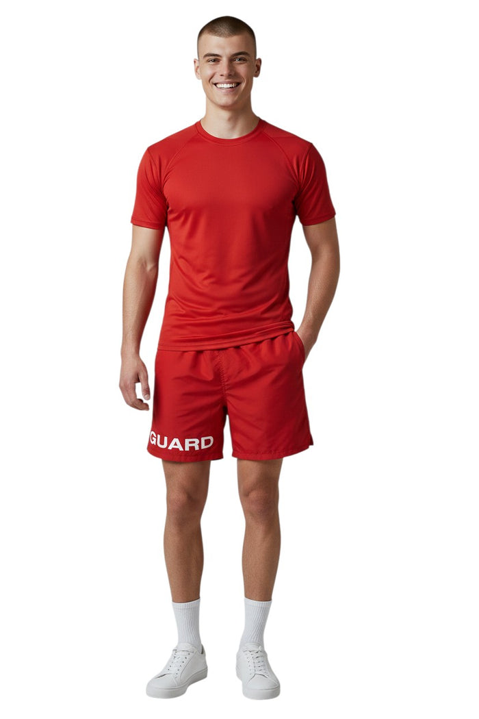 The Lifeguard Store red 4-way stretch polyester lifeguard deck shorts with "GUARD" printed on the left leg.
