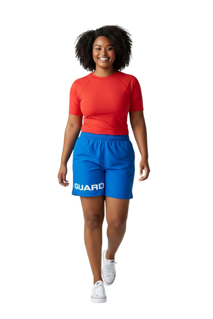 The Lifeguard Store blue 4-way stretch polyester lifeguard deck shorts with white GUARD text.