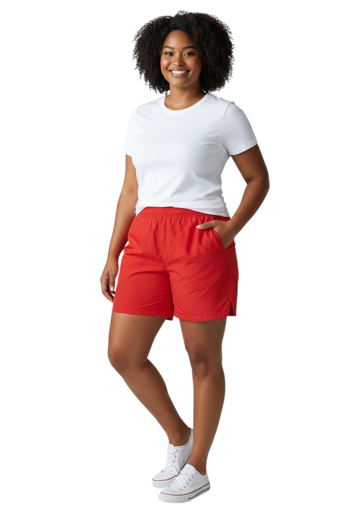 The Lifeguard Store Kiefer 4-Way Unisex Deck Short in solid red. Features elastic waist, drawstring, side pockets, and a back pocket with velcro.