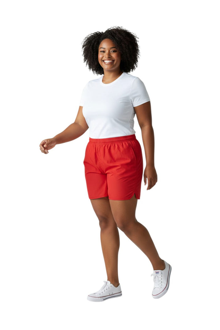 The Lifeguard Store Kiefer 4-Way Unisex Deck Short in solid red. Features elastic waist, drawstring, side pockets, and a back velcro pocket.