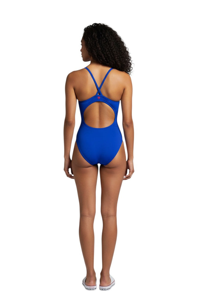 The Lifeguard Store Kiefer H-Back royal blue one-piece swimsuit with H-back straps and large cutout. Made of recycled polyester.