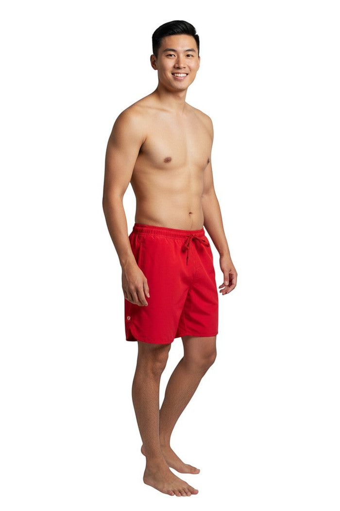 The Lifeguard Store Men's red 5" swim shorts with elastic waistband, drawstring, and side pockets. Quick-dry, 4-way stretch fabric with UPF50+ UV protection.