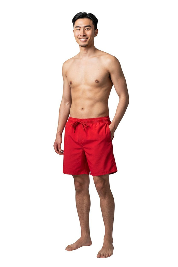 The Lifeguard Store Men's red 5" swim shorts with elastic waistband, drawstring, and side pockets. Quick-dry, 4-way stretch fabric with UPF50+ protection.