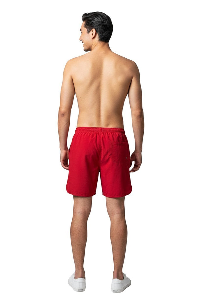 The Lifeguard Store Men's red 5" swim shorts with elastic waistband and drawstring. Quick-dry, 4-way stretch fabric.