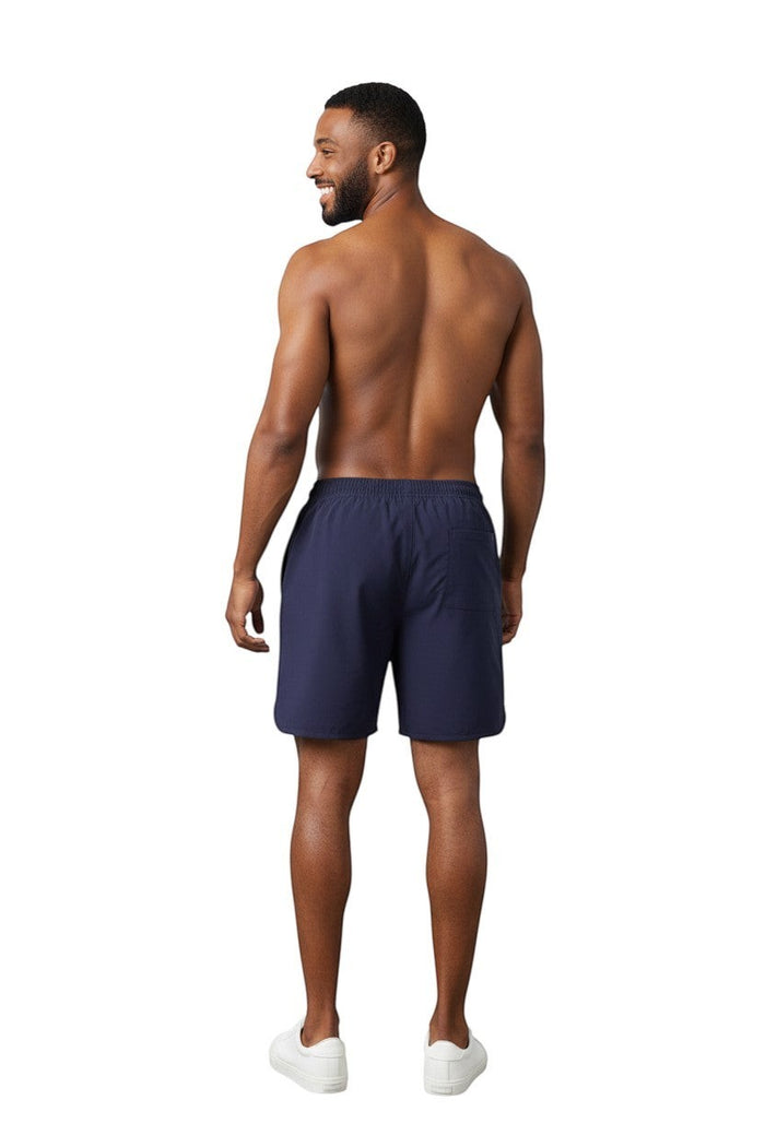 The Lifeguard Store Kiefer Men's navy blue 5" shorts with elastic waistband and drawstring. Quick-dry, 4-way stretch fabric.