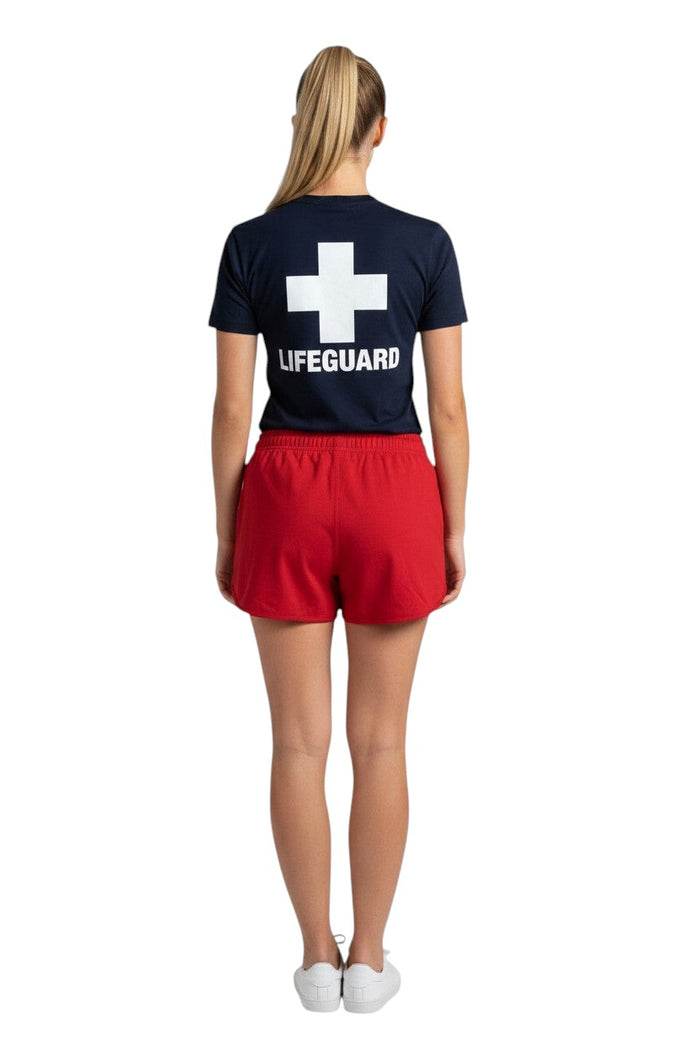 The Lifeguard Store Kiefer Women’s 5” red quick-dry shorts with elastic waistband and drawstring. UPF50+ protection.