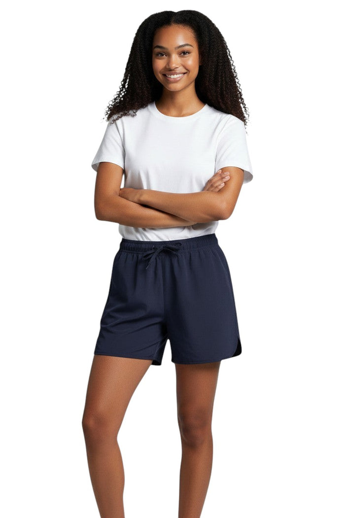 The Lifeguard Store Kiefer Women’s 5” navy blue quick-dry stretch shorts with drawstring and side pockets.