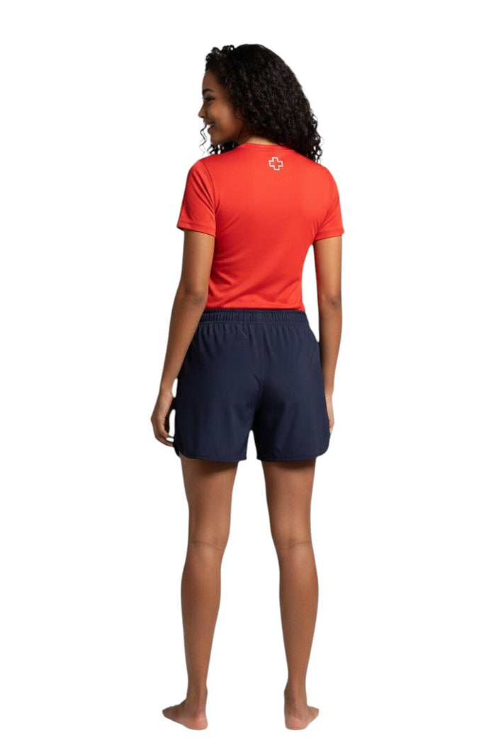 The Lifeguard Store Kiefer Women’s 5” navy blue quick-dry stretch shorts with elastic waistband and drawstring.