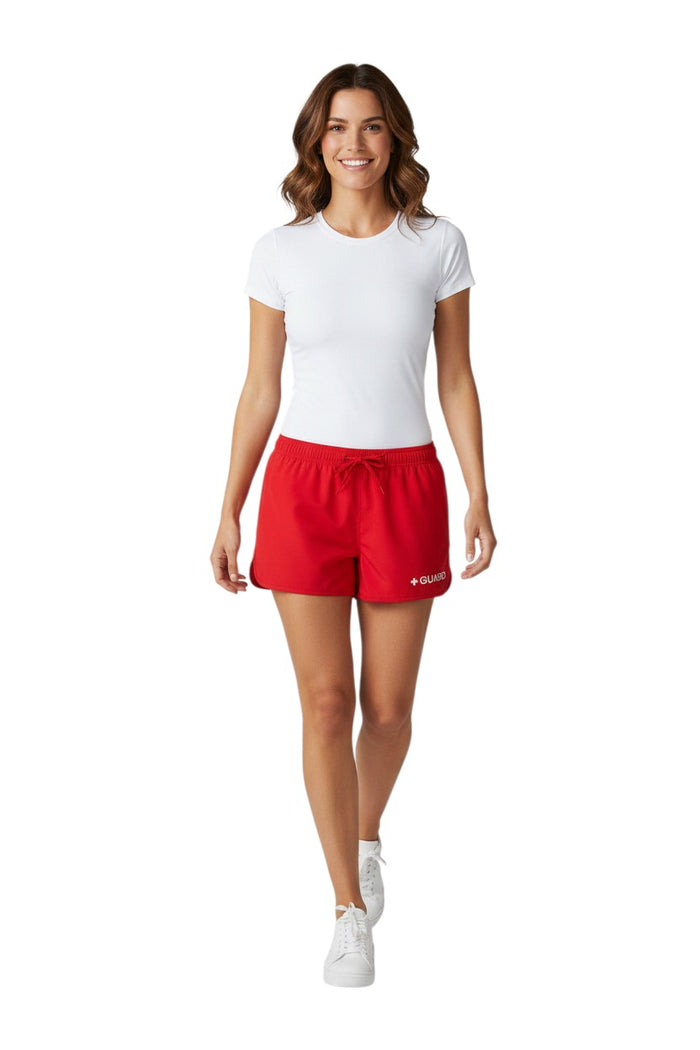 The Lifeguard Store Kiefer Women's Guard 5" red quick-dry shorts with drawstring and side pockets.