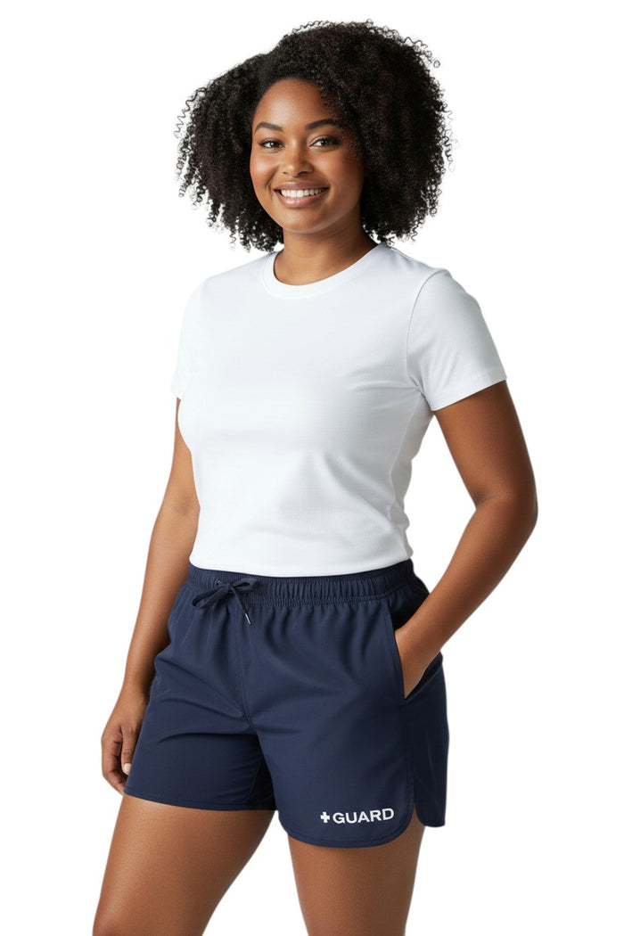 The Lifeguard Store navy blue women's Guard 5" shorts with drawstring waist and side pockets. Quick-dry fabric.