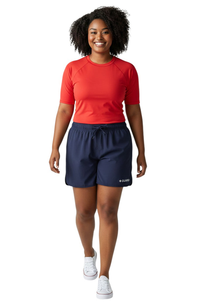 The Lifeguard Store navy blue women's Guard 5" shorts with drawstring waist and side pockets. Quick-dry fabric.