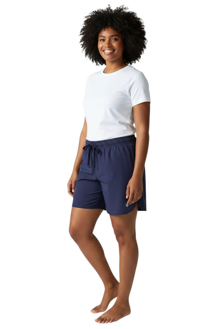 The Lifeguard Store Kiefer Women's Guard 5" navy blue quick-dry shorts with drawstring and side pockets.