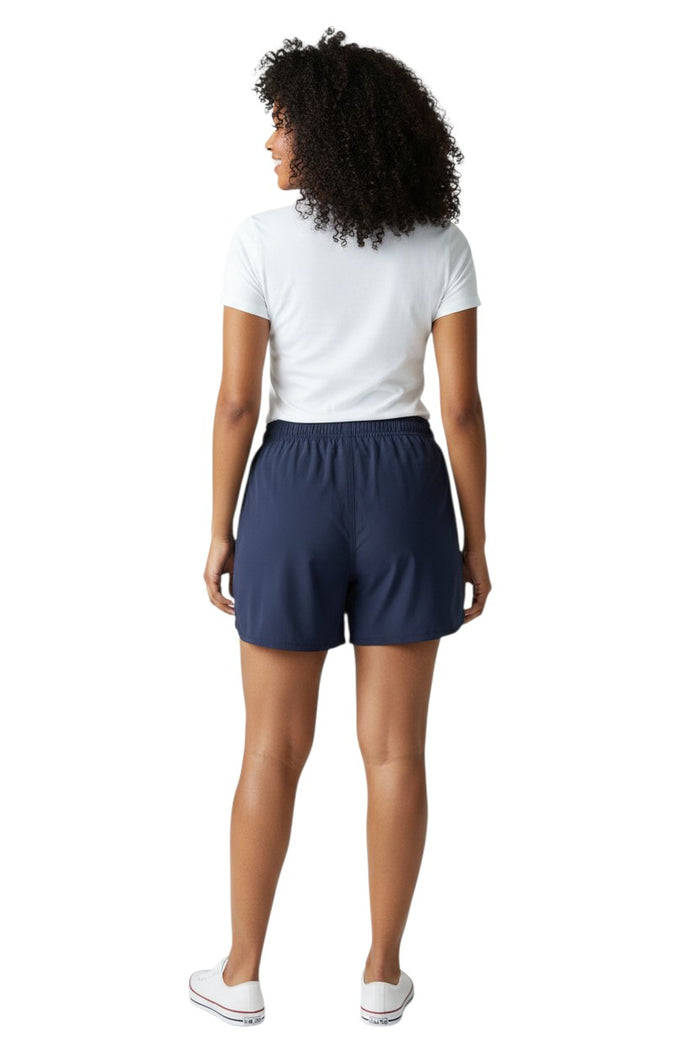 The Lifeguard Store Kiefer Women's Guard 5" navy blue quick-dry shorts with elastic waistband and drawstring.