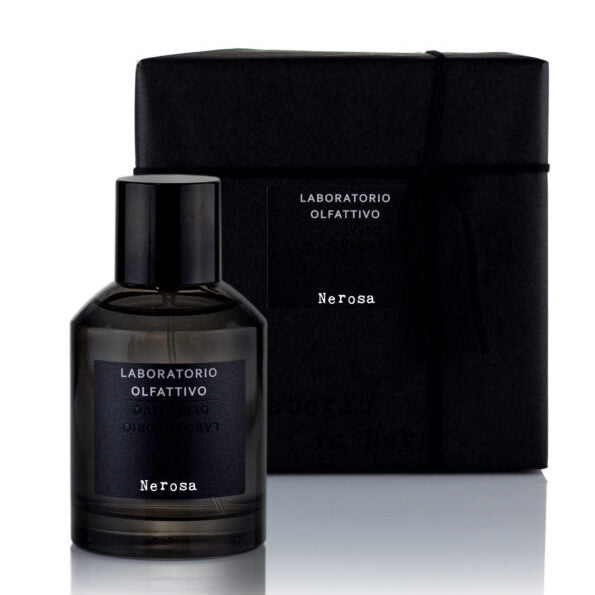 A black bottle of Nerosa 100ml Eau de Parfum with a clear label, accompanied by a black box with 'Laboratorio Olfattivo' text on it.